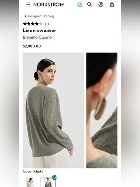 Brunello Cucinelli Khaki Taupe Metallic Linen Knit V-Neck Sweater